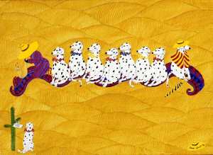 Dalmations flying a carpet - humour in art