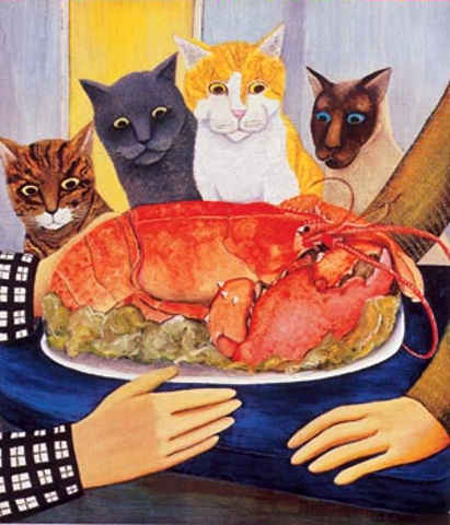 Four Cats staring at a lobster, wishing