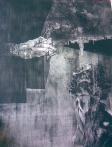 Black & White Etching depicting surreal hand offering
